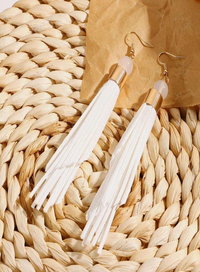 كويريز أقراط كويريس بوهيمية جلدية متعددة الطبقات بشرابات للنساء، أقراط متدلية خفيفة الوزن بشرابات جلدية، أقراط بوهيمية صيفية شاطئية غربية مصنوعة يدويًا للنساء (ER1306-أبيض) - Image 5